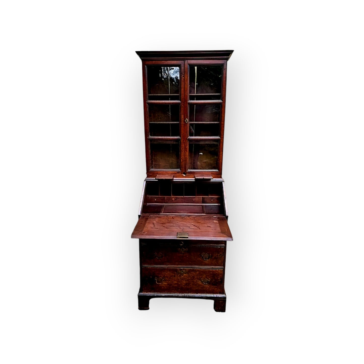 A Small Early 18th Century English Antique Oak Bureau Bookcase In Original Condition