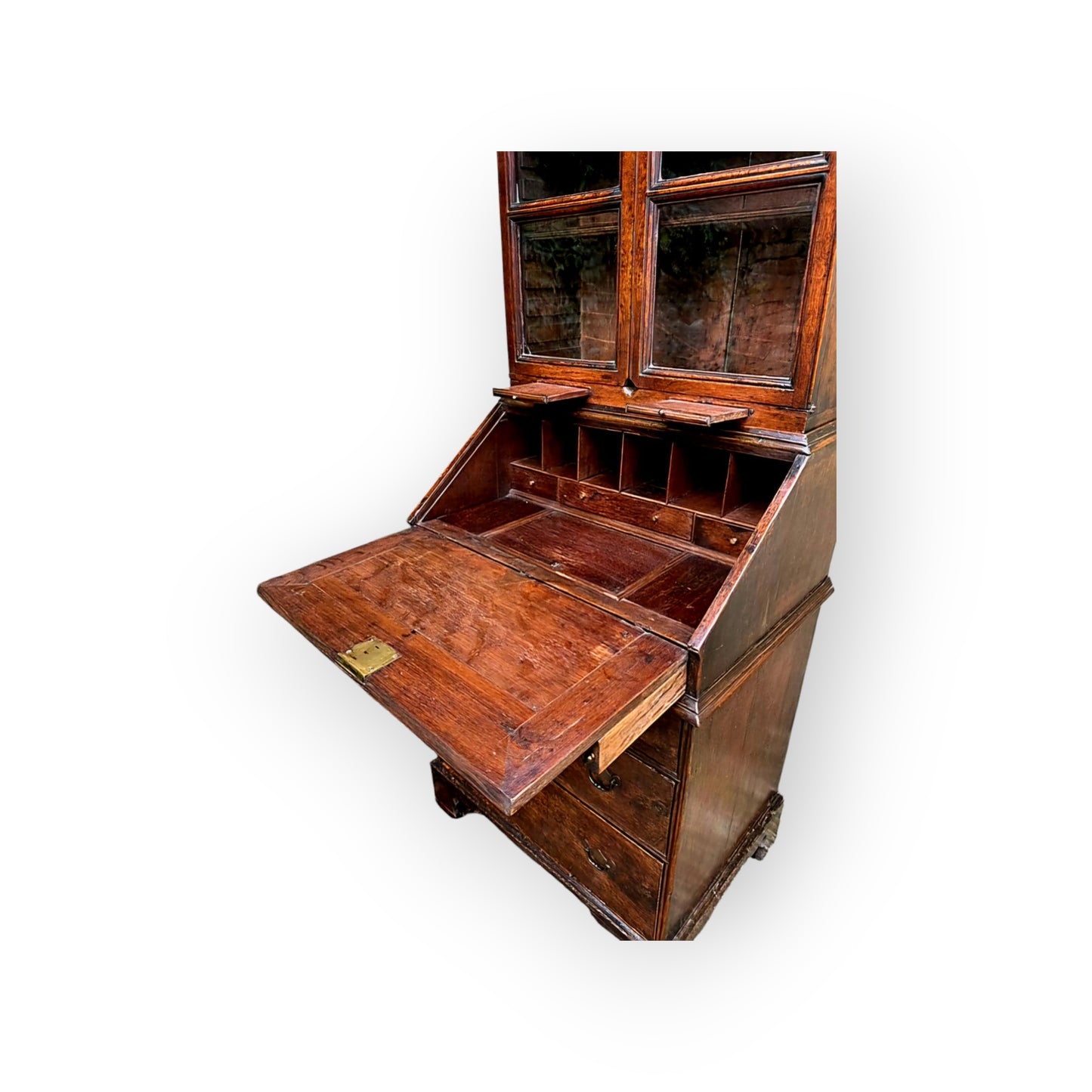 A Small Early 18th Century English Antique Oak Bureau Bookcase In Original Condition