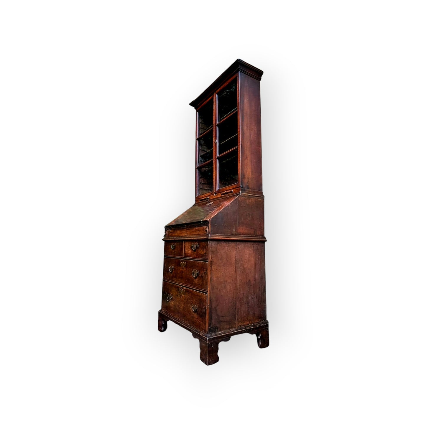 A Small Early 18th Century English Antique Oak Bureau Bookcase In Original Condition