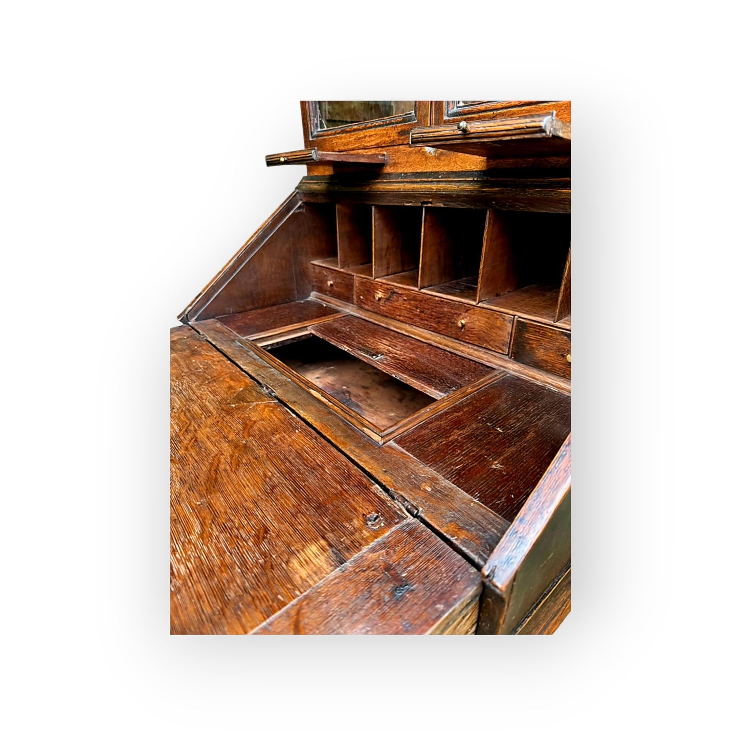 A Small Early 18th Century English Antique Oak Bureau Bookcase In Original Condition