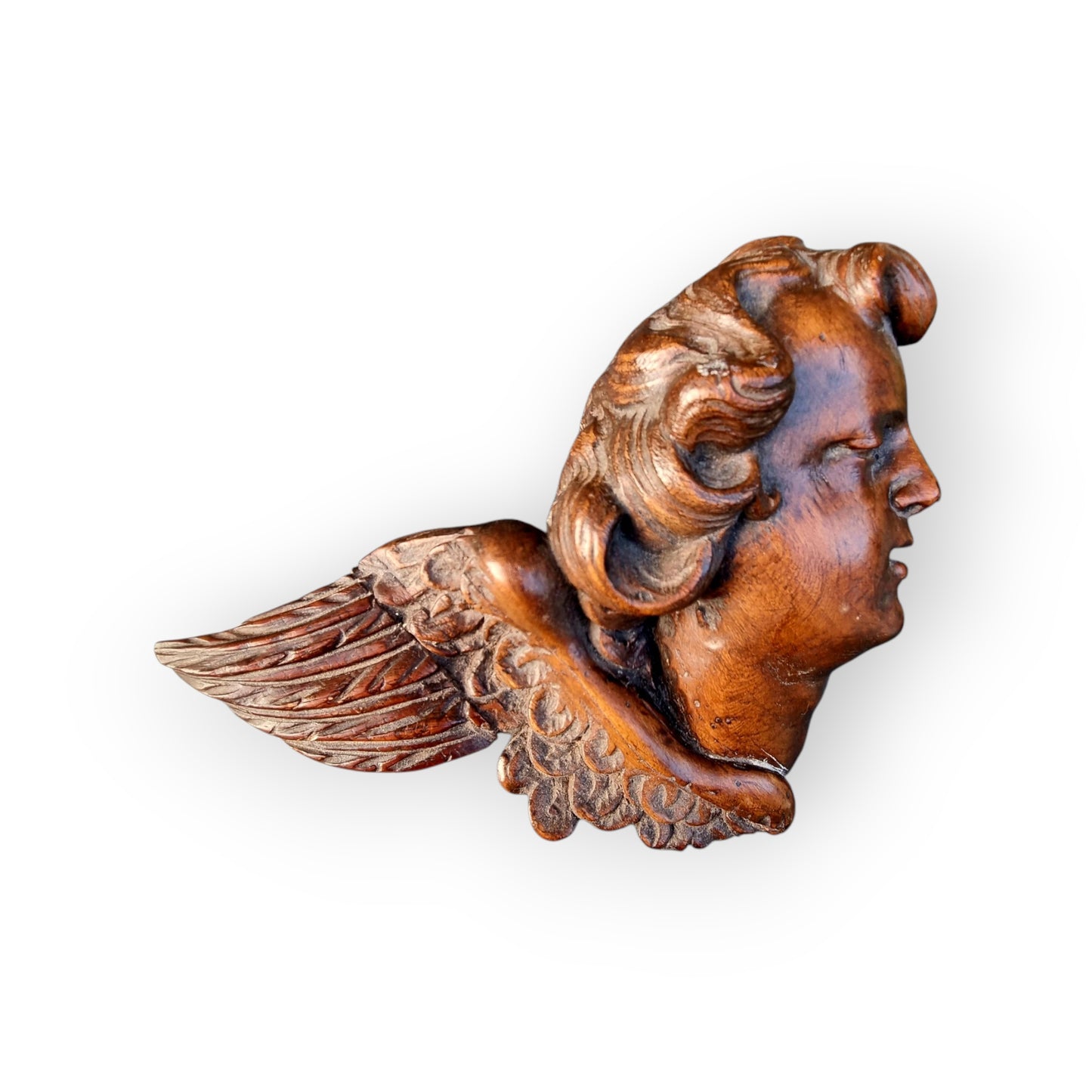 19th Century Antique Carved Walnut Sculptural Wall Plaque In The Form Of An Angel