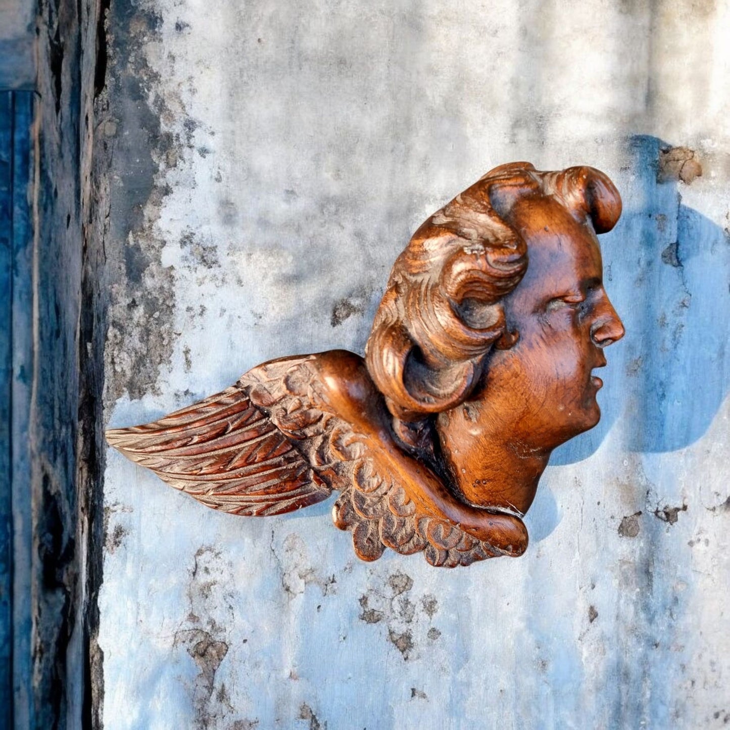 19th Century Antique Carved Walnut Sculptural Wall Plaque In The Form Of An Angel