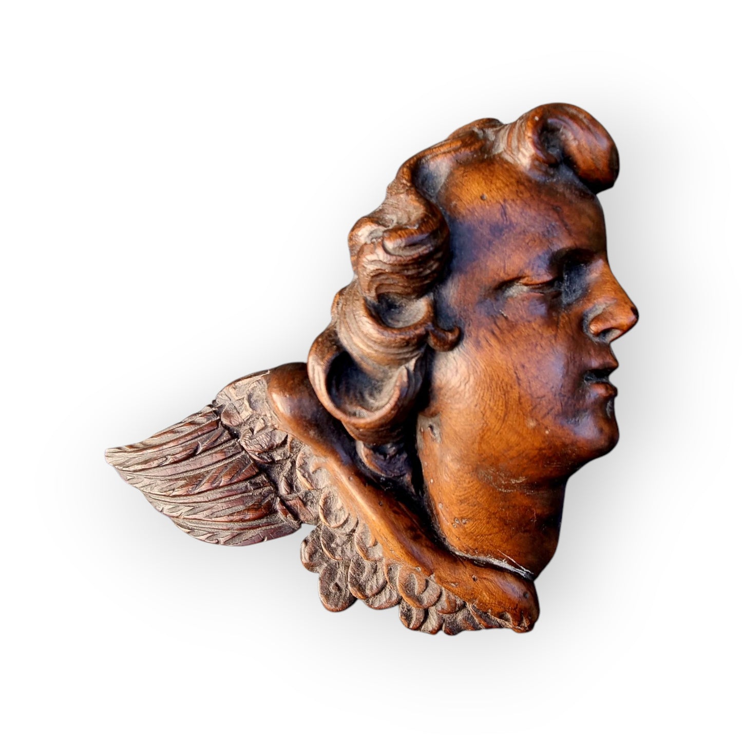 19th Century Antique Carved Walnut Sculptural Wall Plaque In The Form Of An Angel