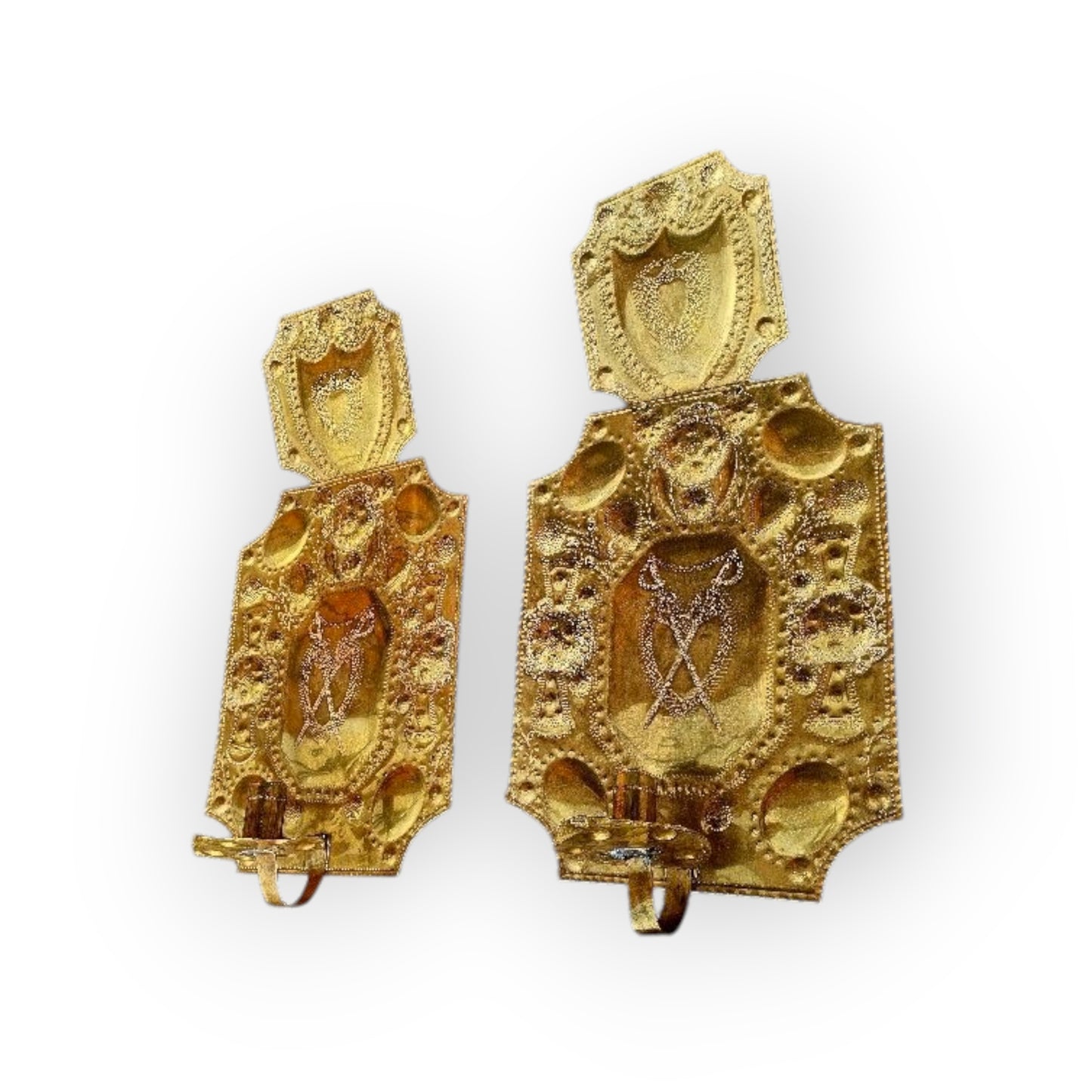 Pair of Large 18th Century Antique Repoussé-Worked Brass Wall Reflectors / Wall Sconces, Almost Two Feet Tall!