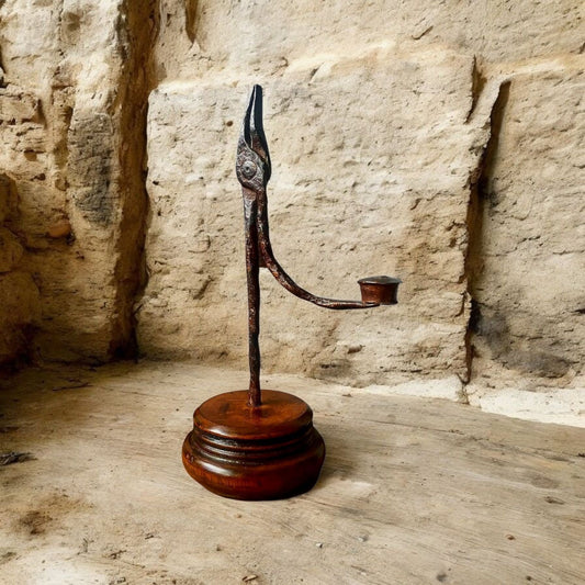 18th-Century English Antique Iron Rushlight Holder / Rushnip With A Fruitwood Base
