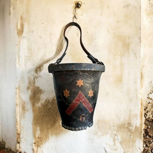 An Early 19th Century George III Period English Antique Leather Fire Bucket Bearing An Unidentified Coat of Arms / Armorial Device & The Inscription "West Wing"