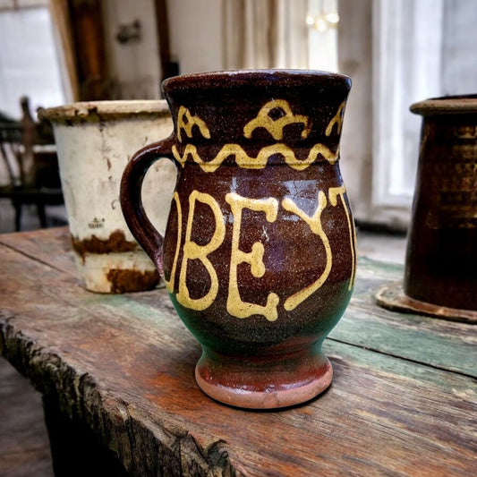 18th-Century Style Antique Slipware-Decorated Earthenware Tankard / Drinking Vessel, Attributed To The Dicker Pottery Of Sussex