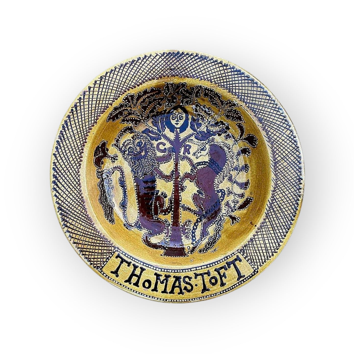 Large English Antique Slipware Decorated Earthenware Dish, Bearing The Name Of Thomas Toft (active before 1663 - Died 1689) & A Lion & Unicorn Supporters, The Cypher of Charles II & A Depiction Of Him Hiding In An Oak Tree - 2 of 2
