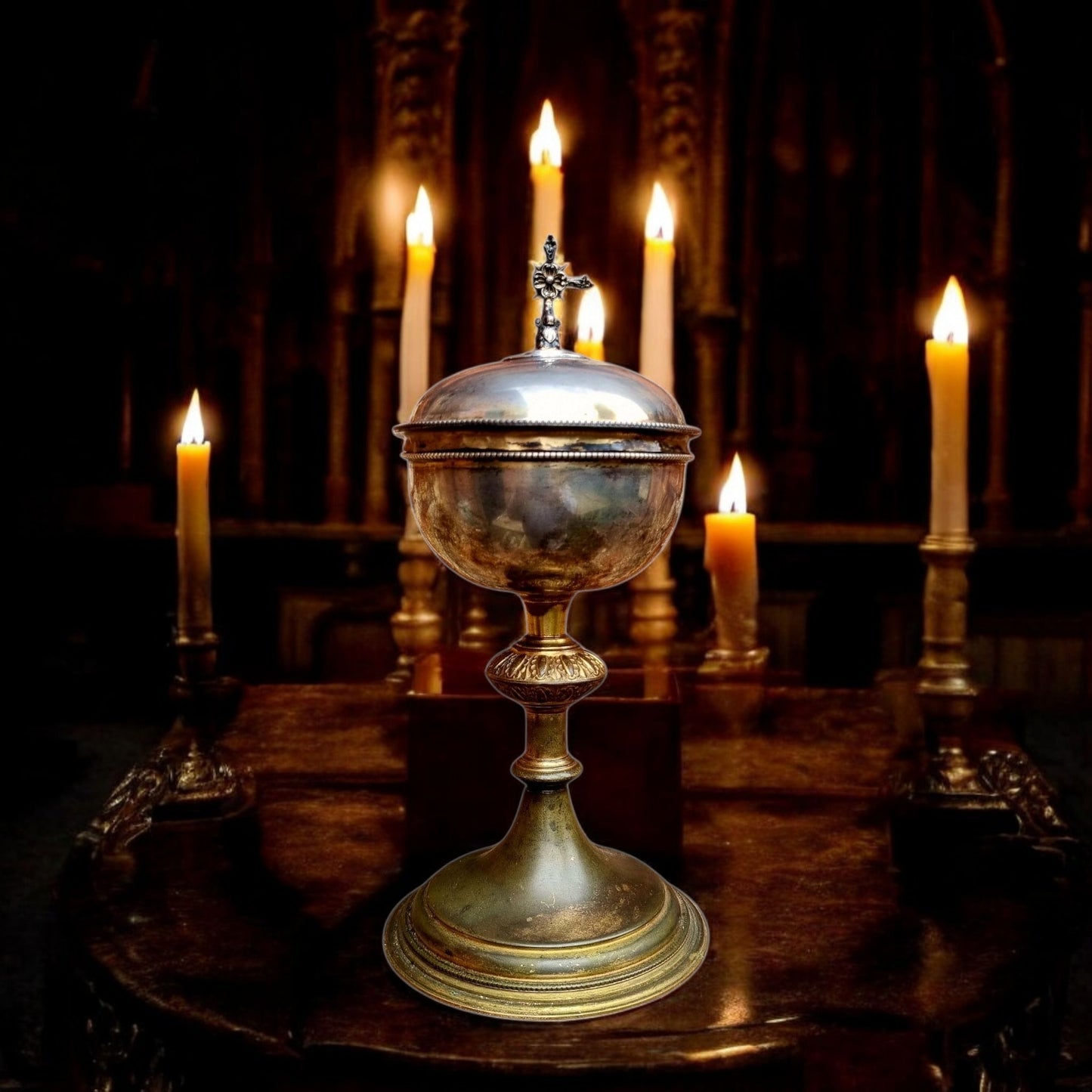 Early 19th-Century Continental Antique Silver & Brass Ciborium
