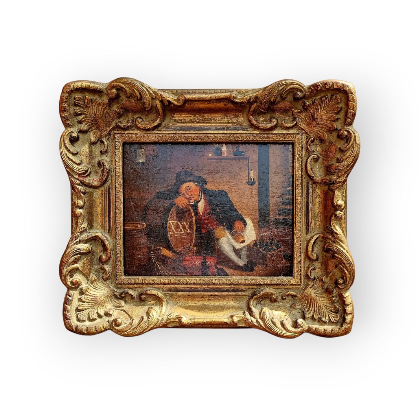 19th-Century Primitive / Naive English School Antique Folk Art Oil On Board Painting Of A Drunken Cellarhand