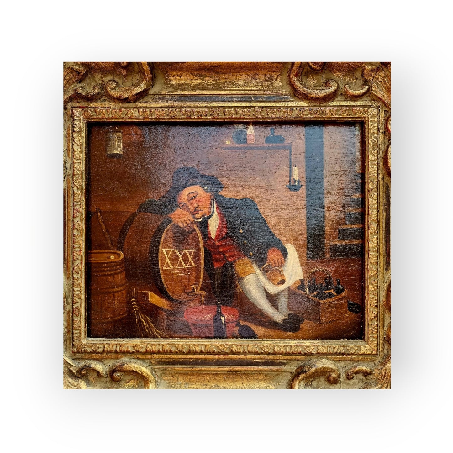 19th-Century Primitive / Naive English School Antique Folk Art Oil On Board Painting Of A Drunken Cellarhand