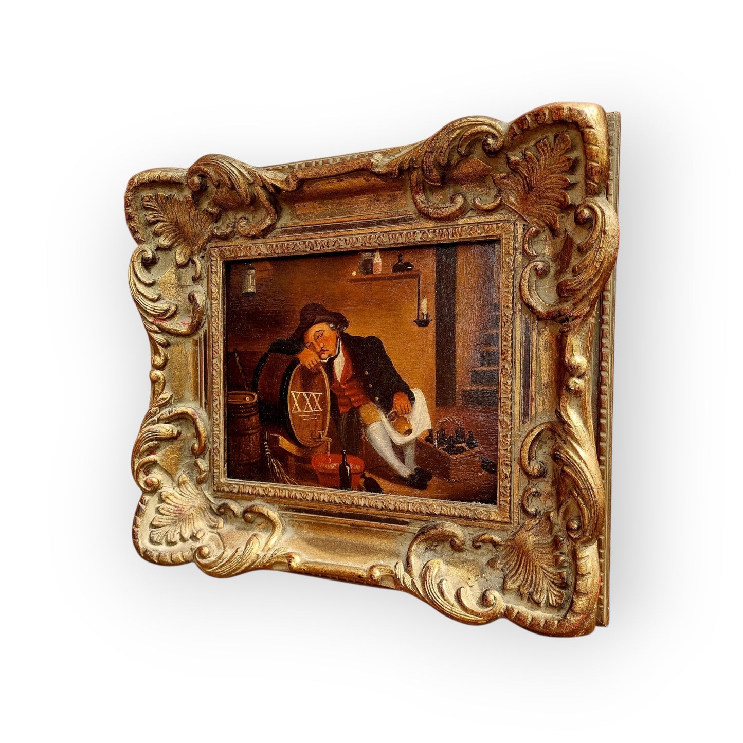 19th-Century Primitive / Naive English School Antique Folk Art Oil On Board Painting Of A Drunken Cellarhand