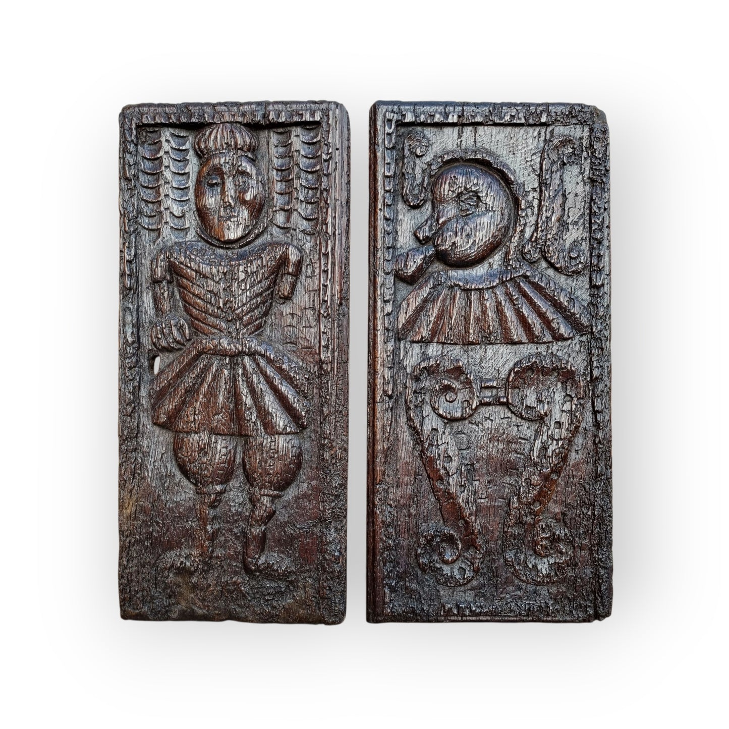 Pair of Large, Naive, 16th-Century Antique Carved Oak Portrait Panels