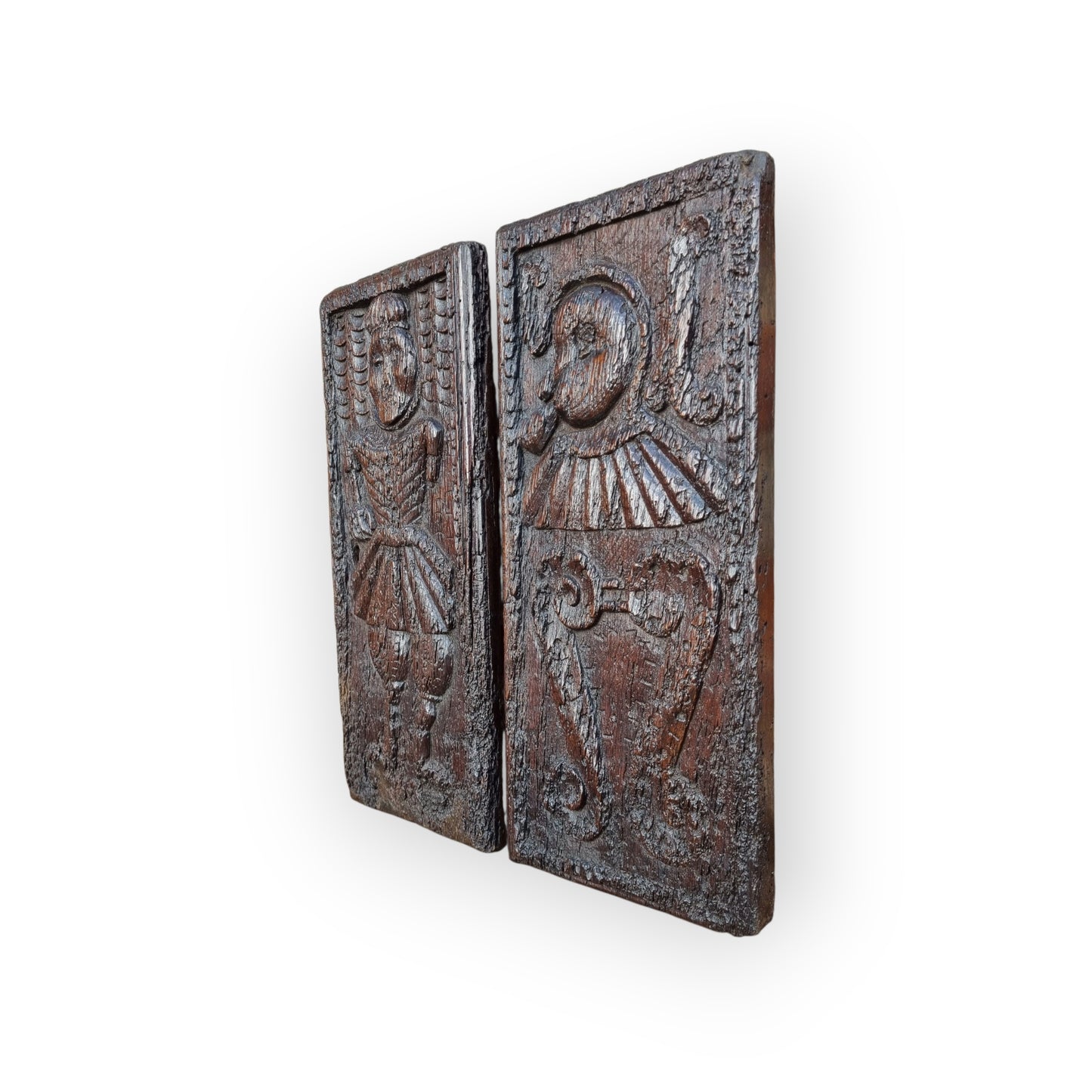 Pair of Large, Naive, 16th-Century Antique Carved Oak Portrait Panels