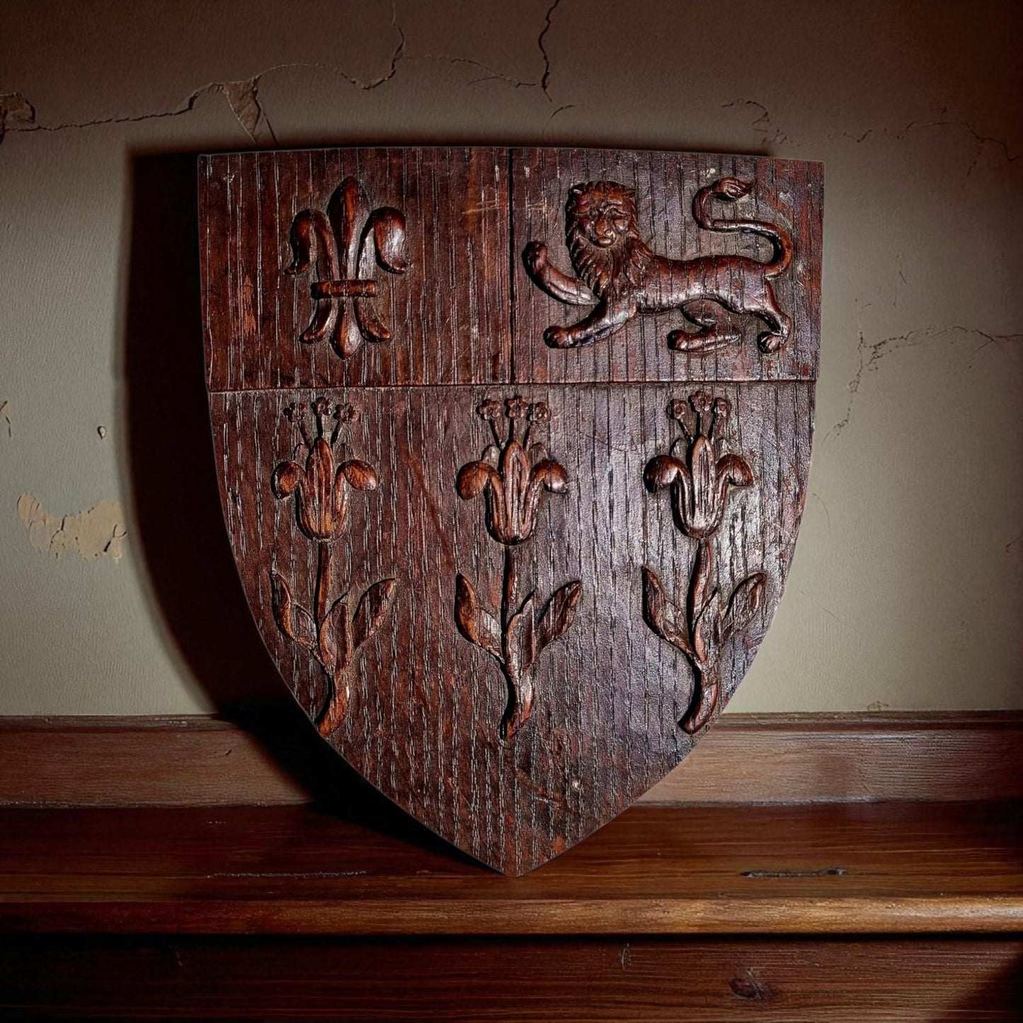 A Small 19th-Century English/French Antique Carved Oak Armorial Panel