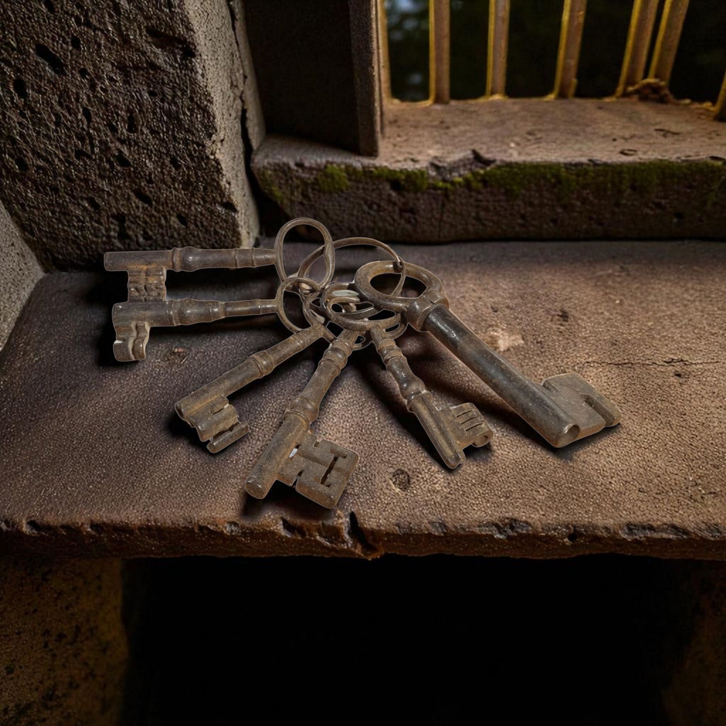 A Set Of Six Large 17th-Century & 18th-Century Antique Iron Keys With Their Original Key Ring