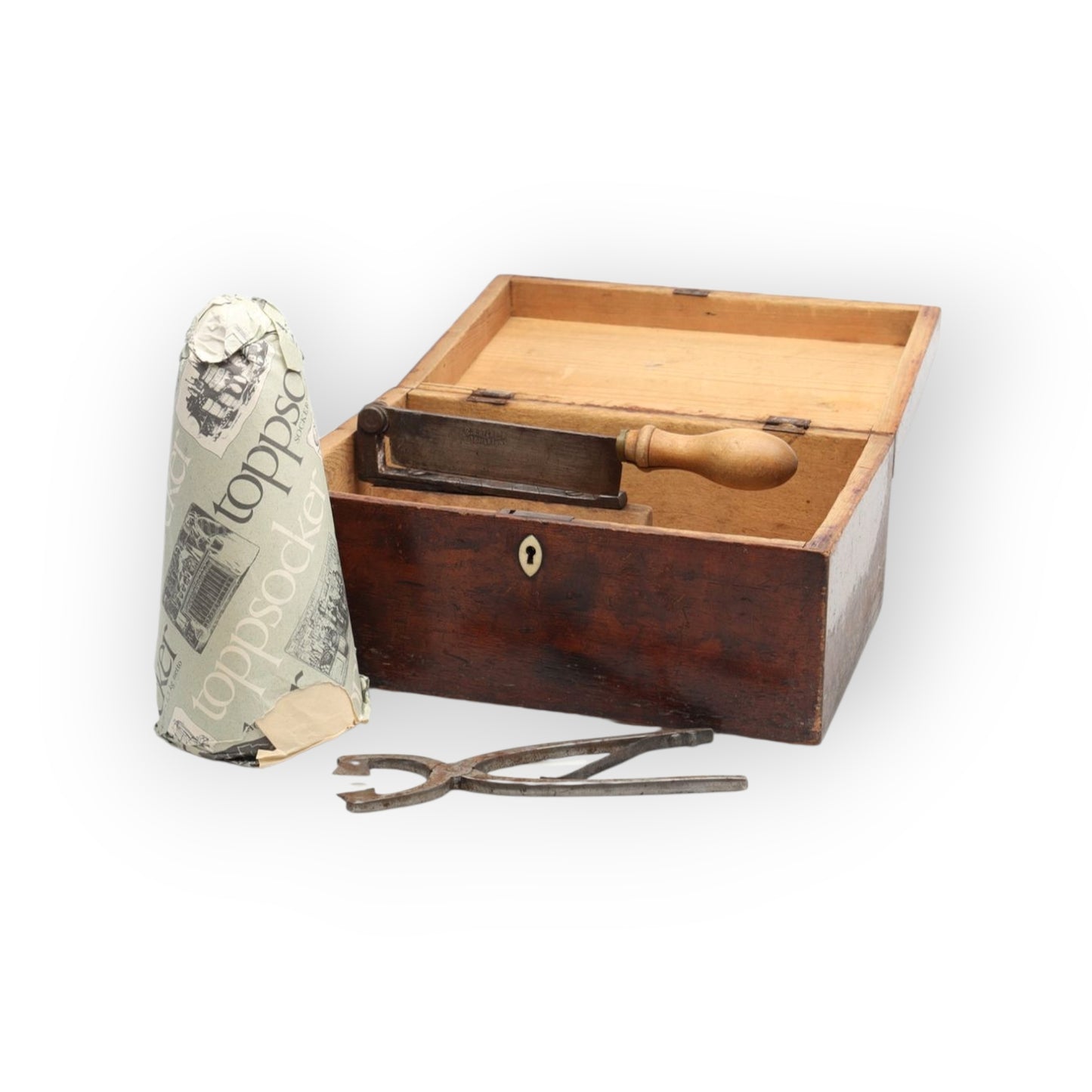 Early 19th-Century Antique Treen Sugar Caddy / Box With Associated Antique Steel Sugar Nips & Sugar Cone
