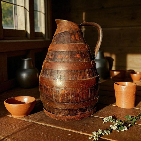Large, Rustic, Late 18th-Century Antique Coopered Oak Jug Standing 18 1/2"(47 cm) Tall - 1 Of 2