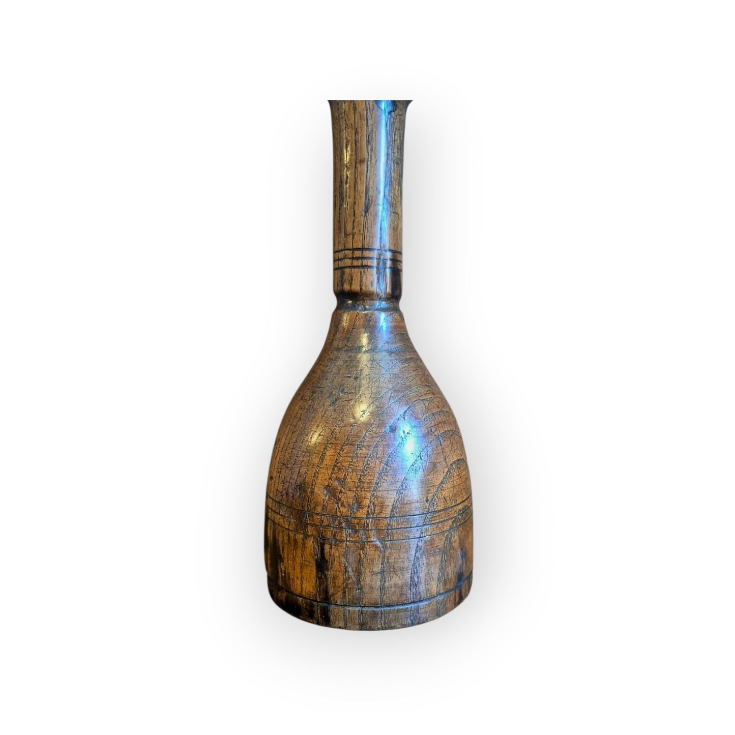 A Rare, Late, 17th-Century English Antique Treen / Turned Wooden Candlestick Made From Ash With Inlaid Pewter Candle Holder