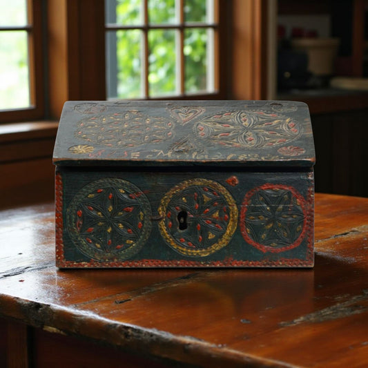 A Diminutive Early 19th-Century Scandinavian Antique Folk-Art Decorated Chip Carved Table Top Box / Dowry Chest / Marriage Chest, Dated "1828."