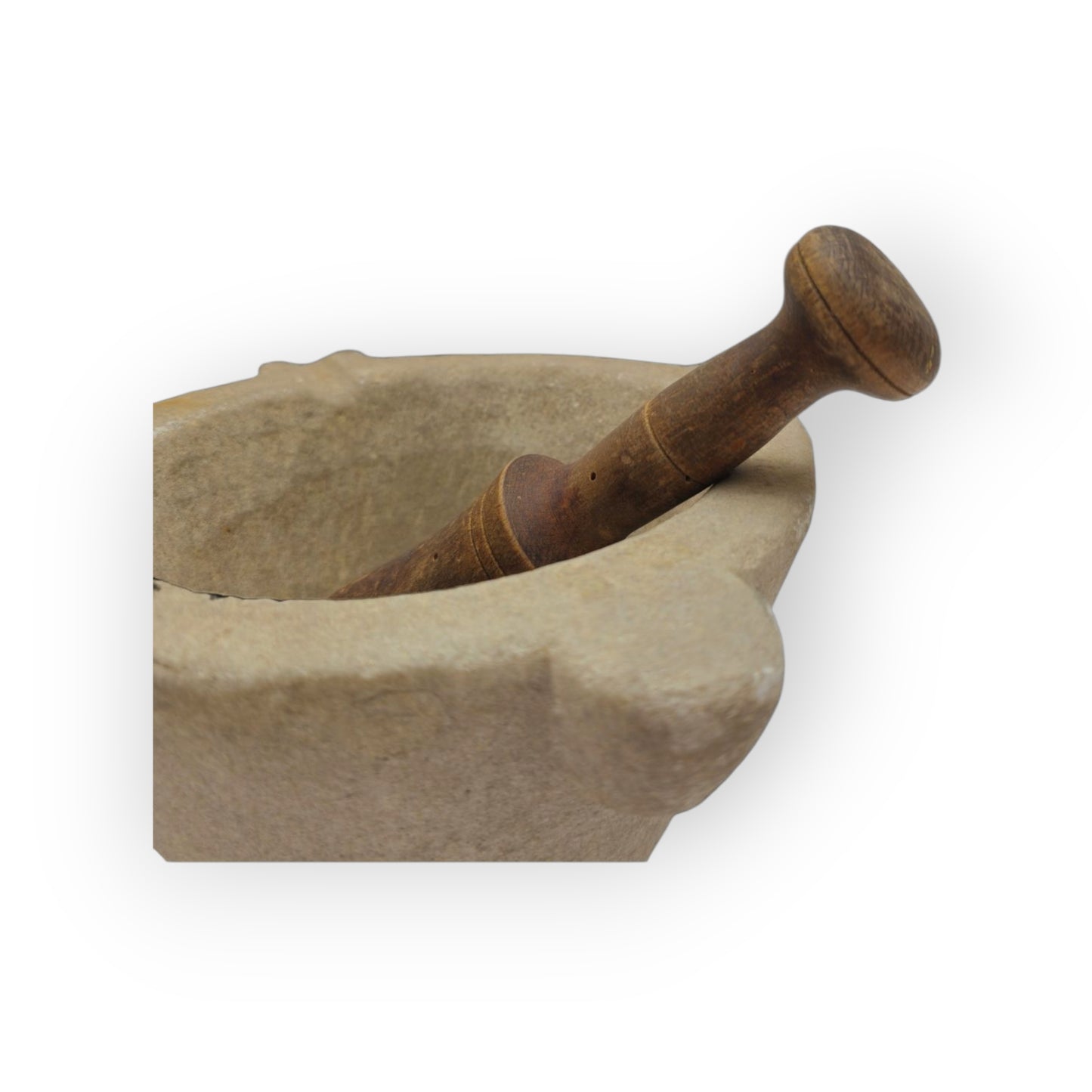 Early 17th-Century Antique Limestone Mortar & Associated Wooden Pestle