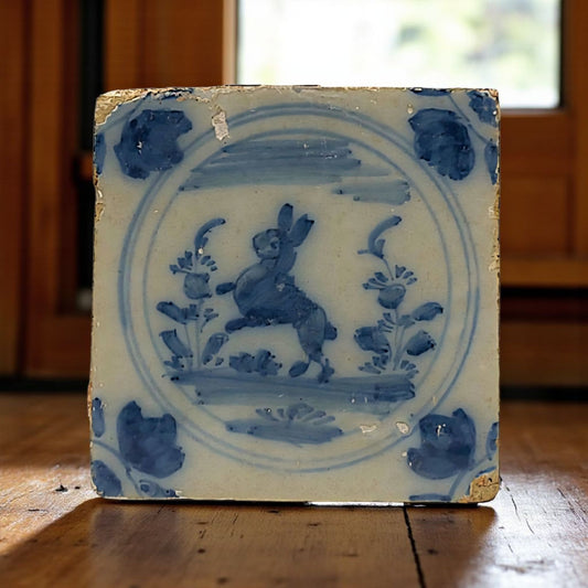 18th Century Spanish Antique Blue & White Tin-Glazed Earthenware  Triana Tile / Majolica Tile Decorated With A Naively Stylised Rabbit