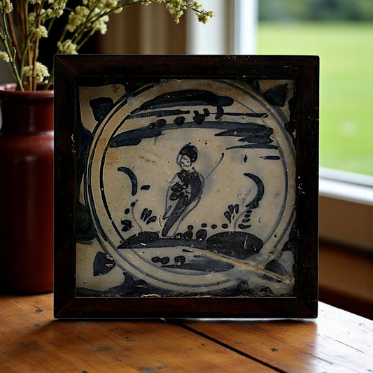 18th Century Spanish Antique Blue & White Tin-Glazed Earthenware  Triana Tile / Majolica Tile Decorated With A Naively Stylised Female Figure