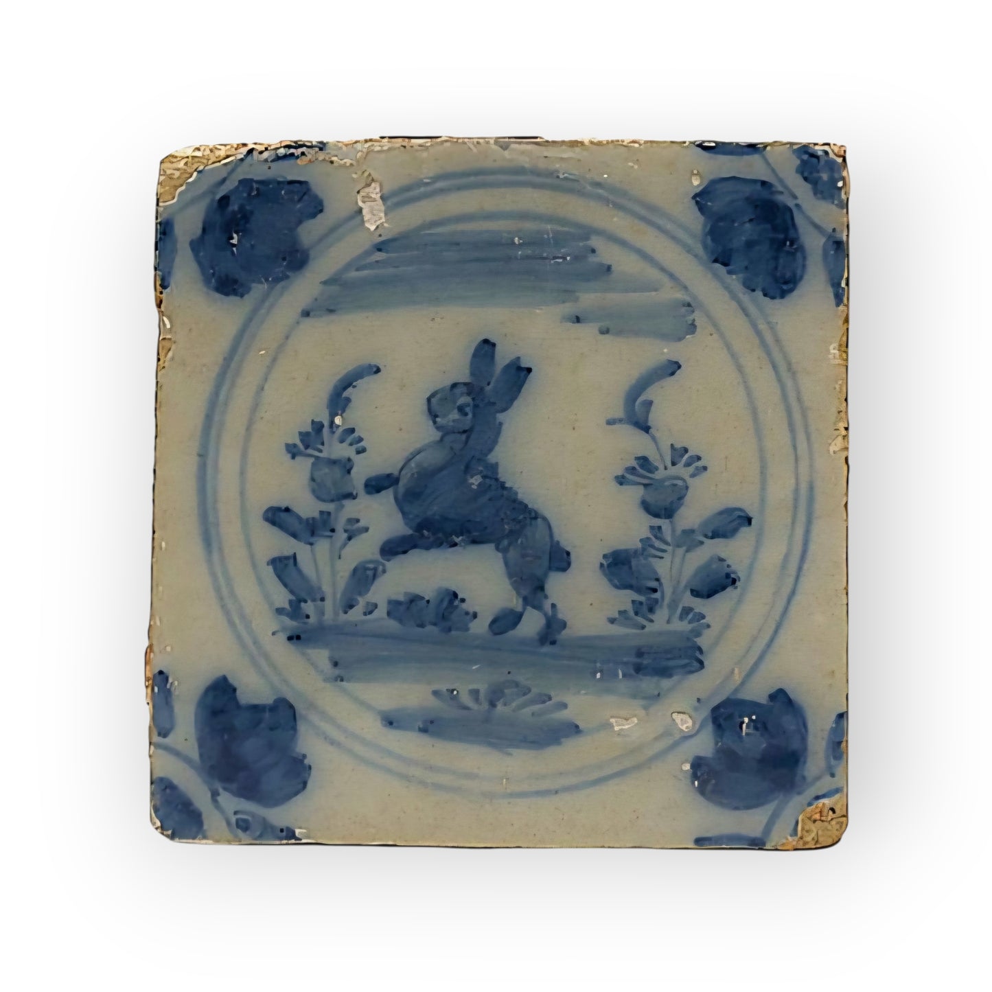 18th Century Spanish Antique Blue & White Tin-Glazed Earthenware  Triana Tile / Majolica Tile Decorated With A Naively Stylised Rabbit