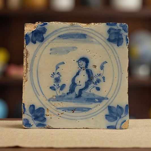 18th Century Spanish Antique Blue & White Tin-Glazed Earthenware  Triana Tile / Majolica Tile Decorated With A Naive Image Of A Child