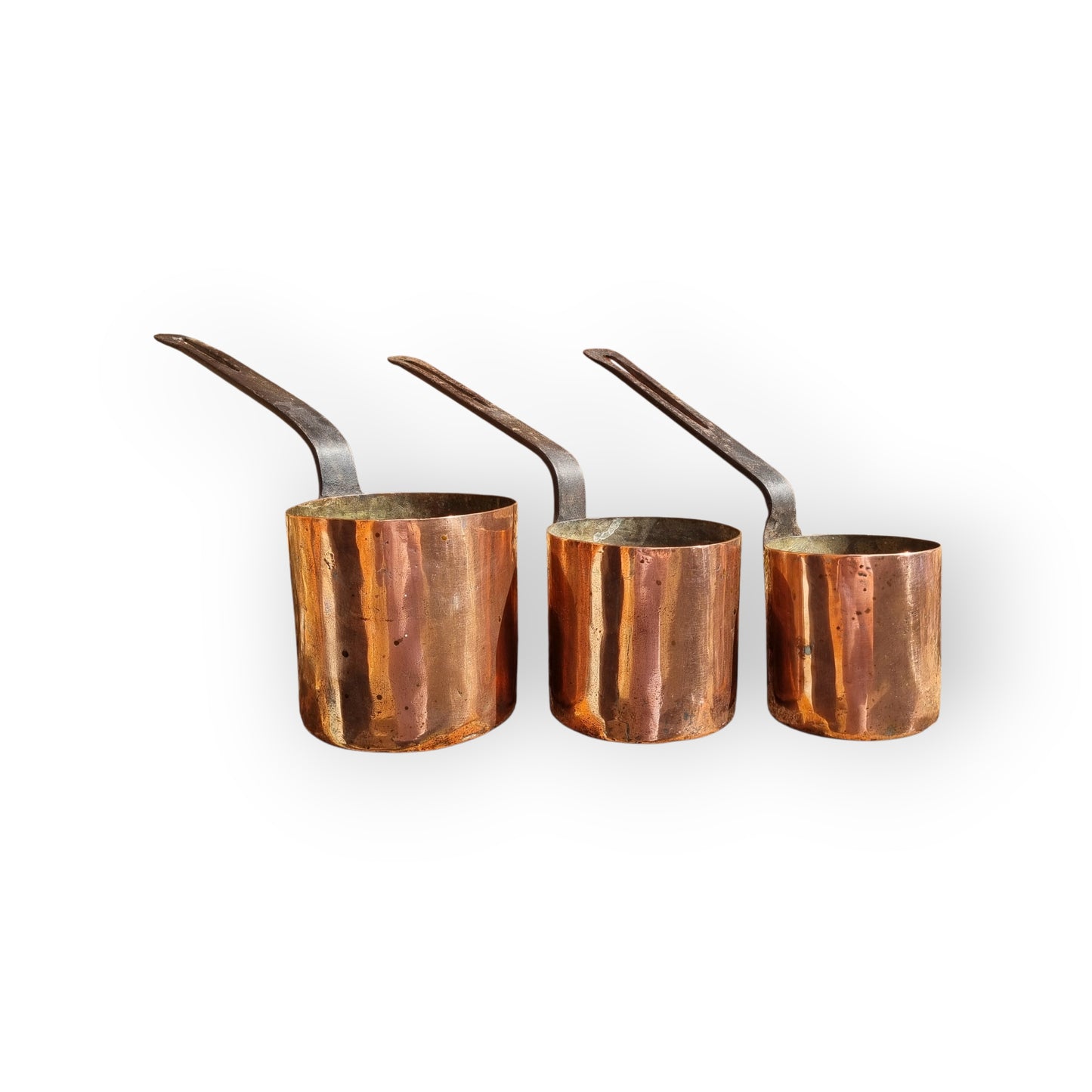 A Set Of Three 19th Century Antique Copper Cooking Pots/Pans Of Graduated Size