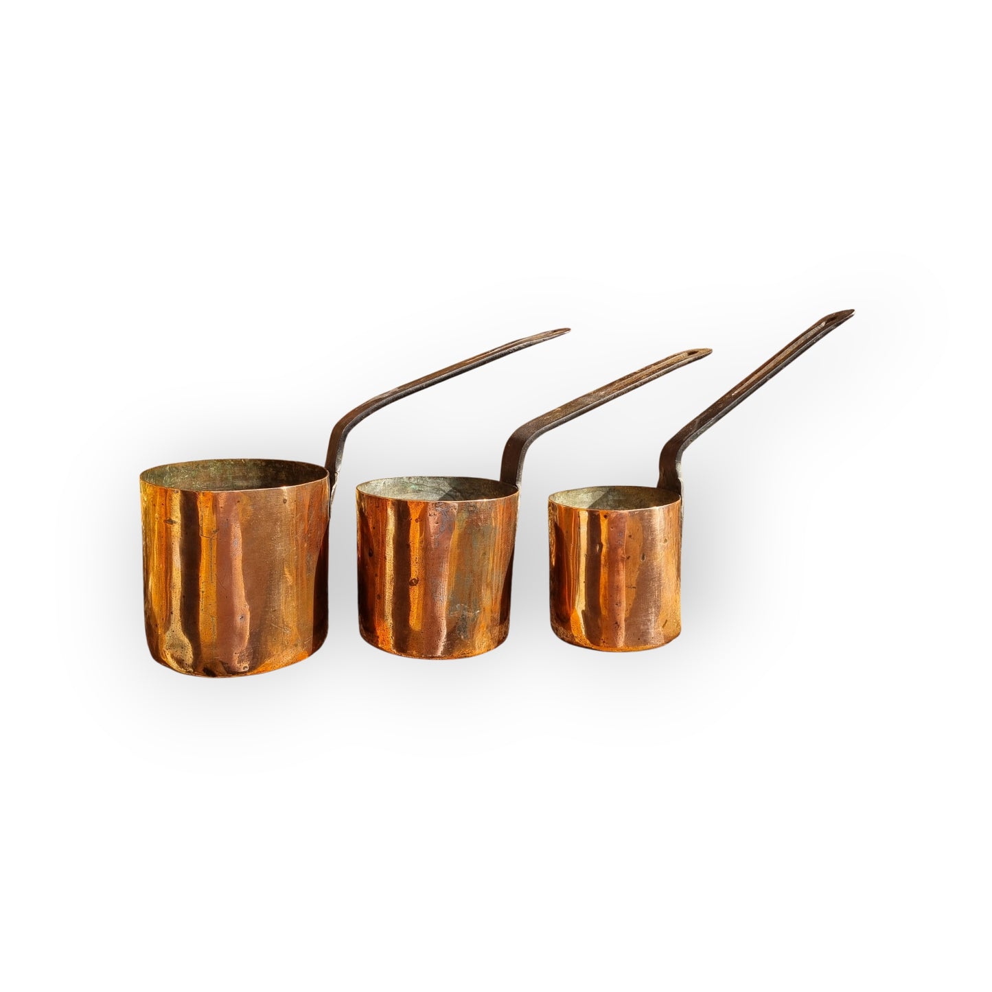 A Set Of Three 19th Century Antique Copper Cooking Pots/Pans Of Graduated Size