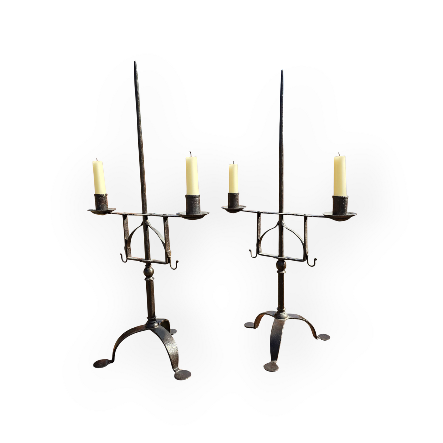 Pair of Early 19th Century Vernacular Antique Wrought Iron Rise-and-Fall Candelabras
