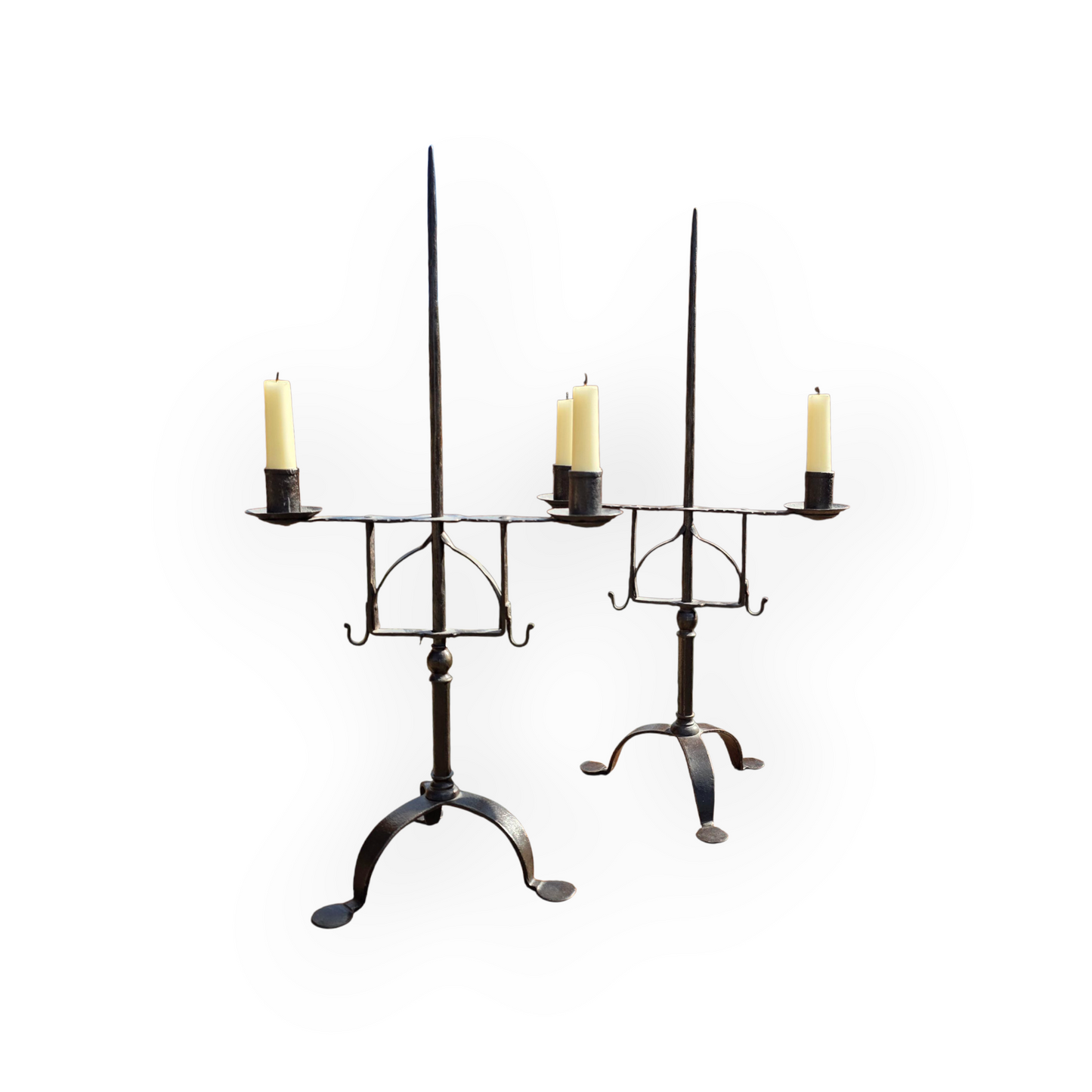 Pair of Early 19th Century Vernacular Antique Wrought Iron Rise-and-Fall Candelabras