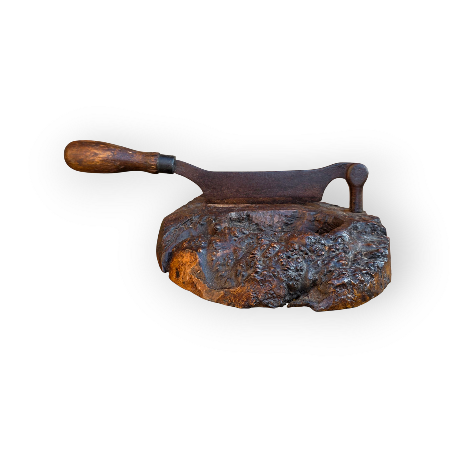 Late 18th Century Rustic Antique Herb Chopper With A Burr Wood Base
