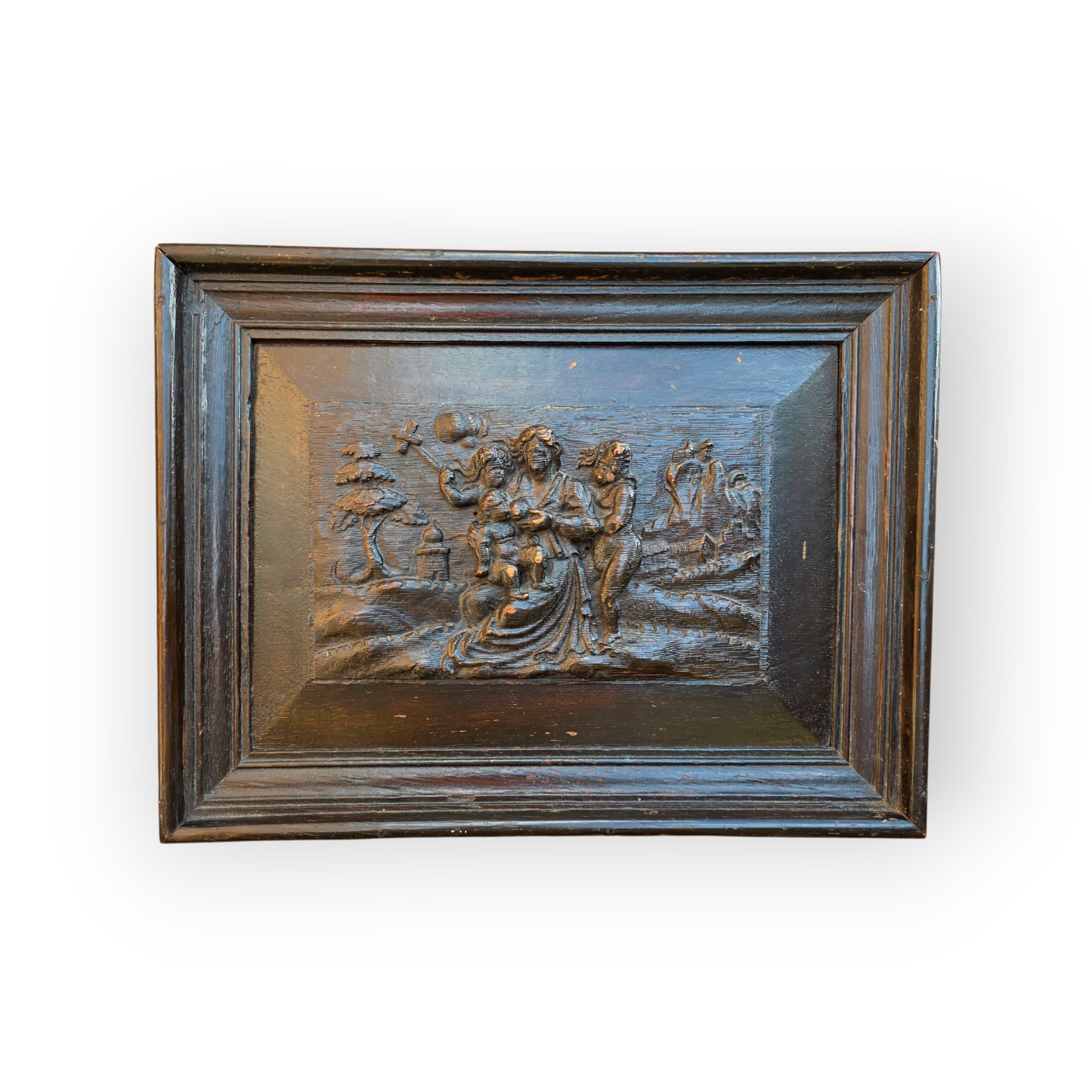 17th Century Antique Carved Oak Bas Relief Panel – Biblical Scene in Deep Relief