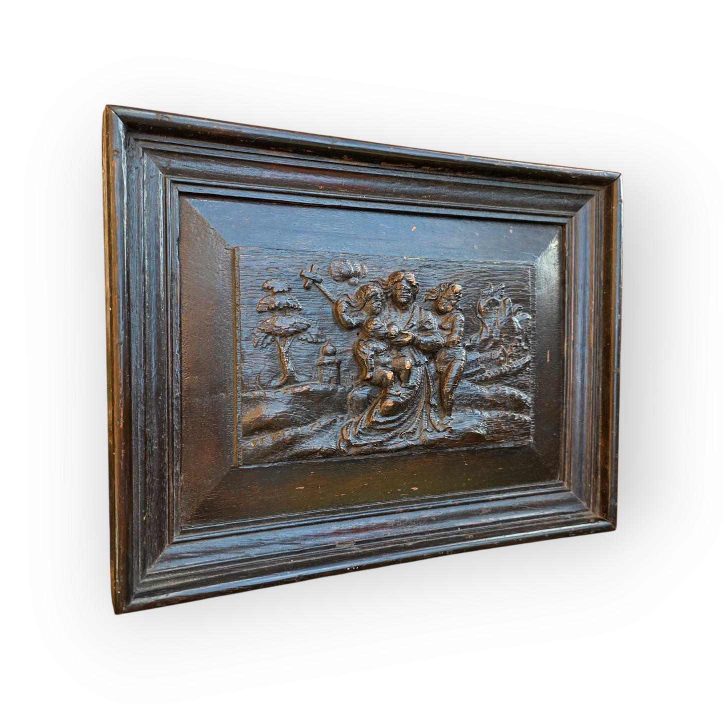17th Century Antique Carved Oak Bas Relief Panel – Biblical Scene in Deep Relief