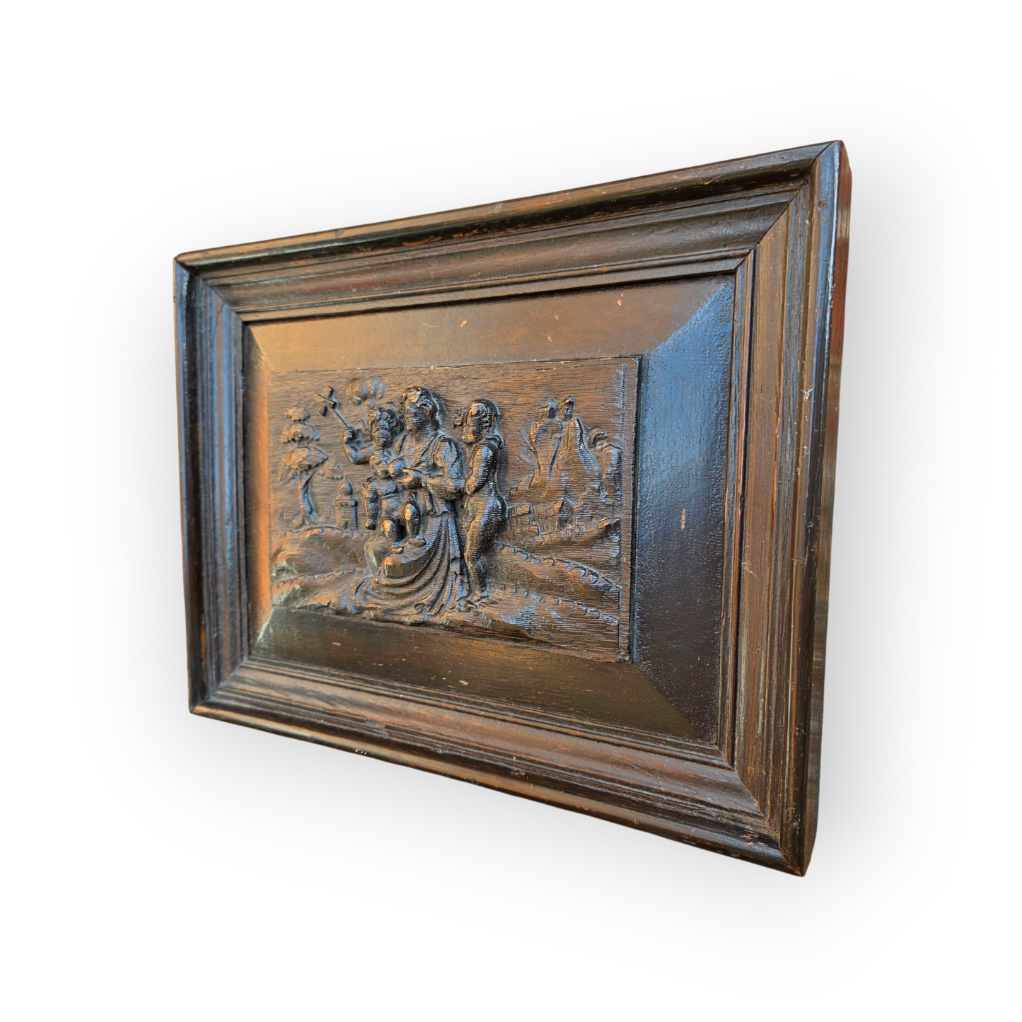 17th Century Antique Carved Oak Bas Relief Panel – Biblical Scene in Deep Relief