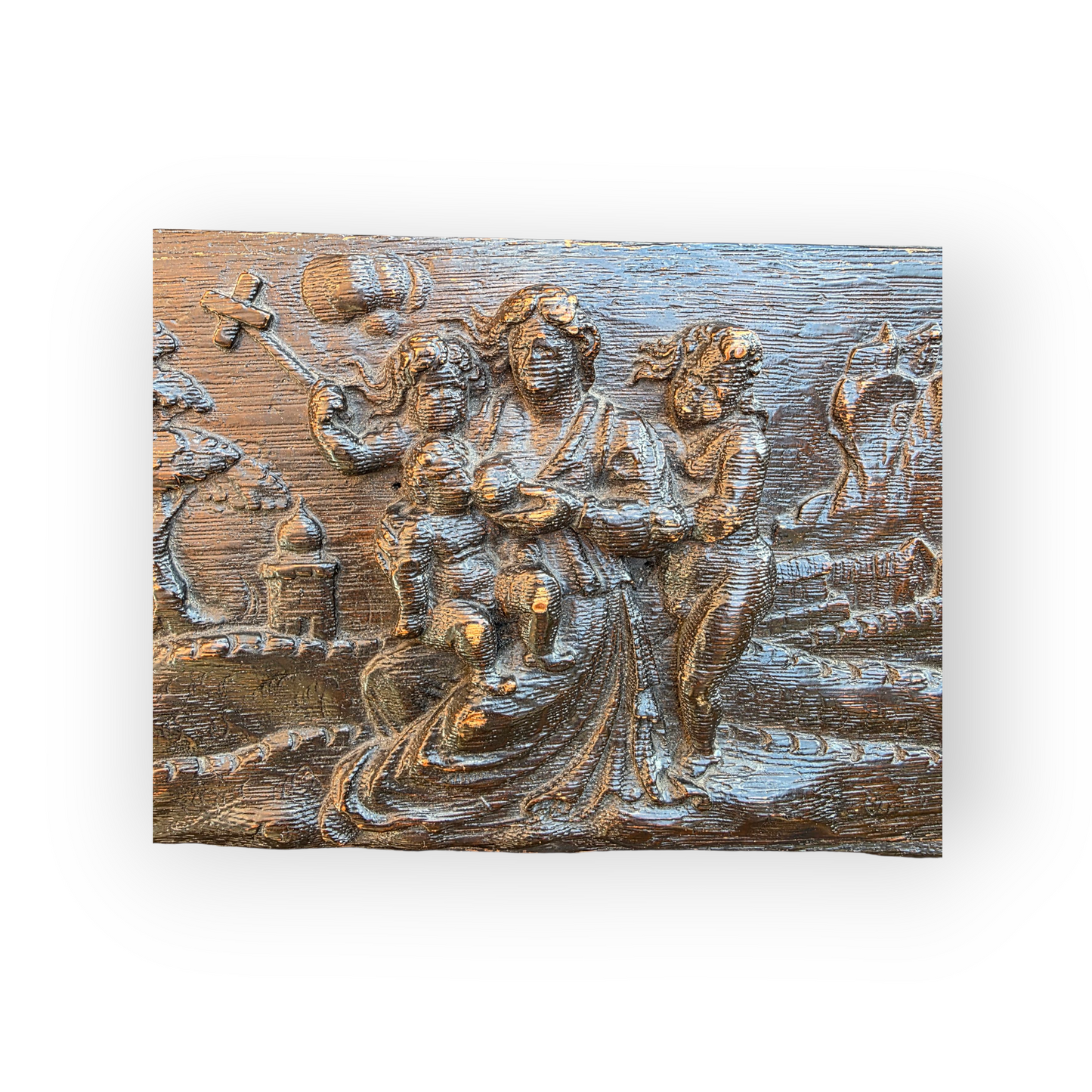 17th Century Antique Carved Oak Bas Relief Panel – Biblical Scene in Deep Relief
