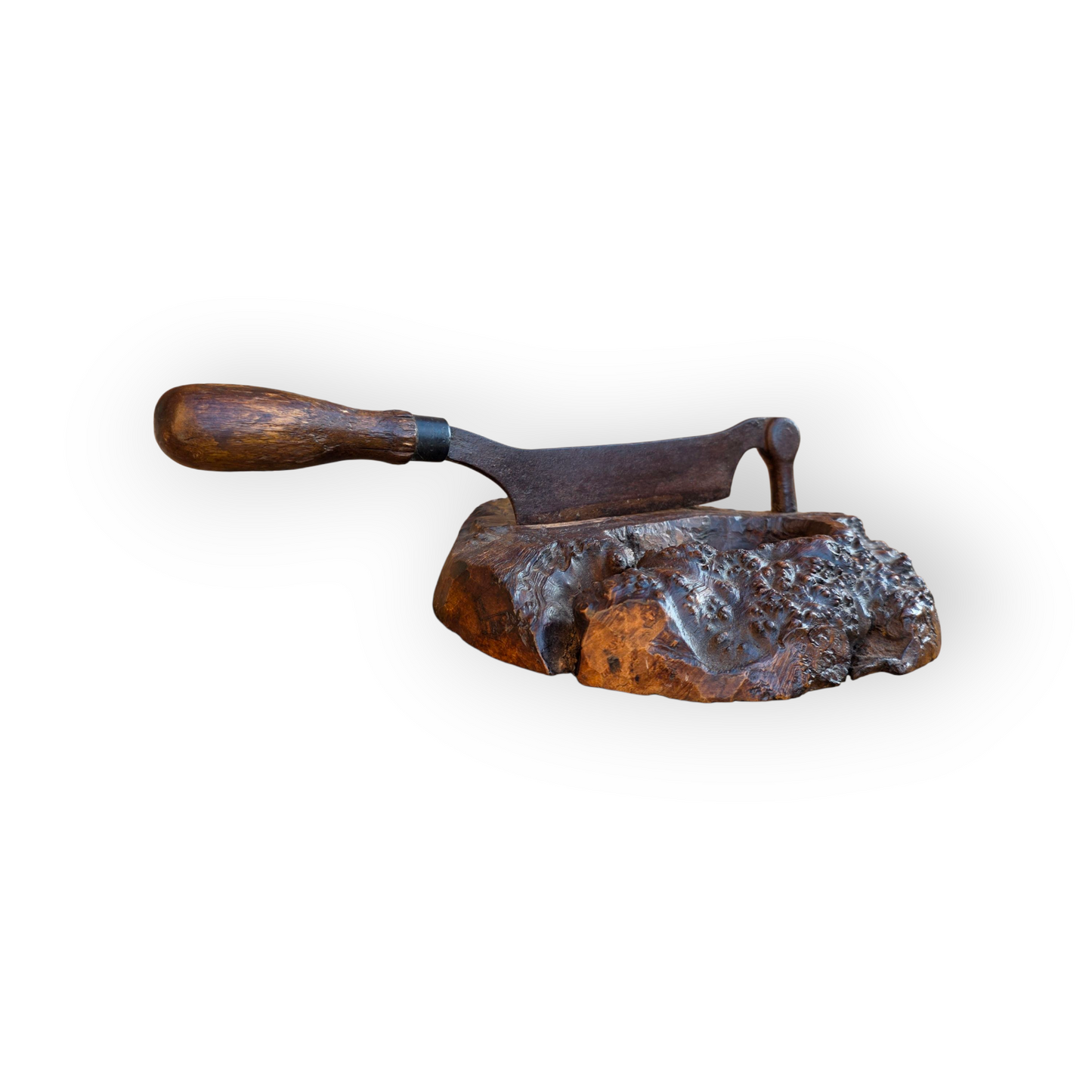 Late 18th Century Rustic Antique Herb Chopper With A Burr Wood Base