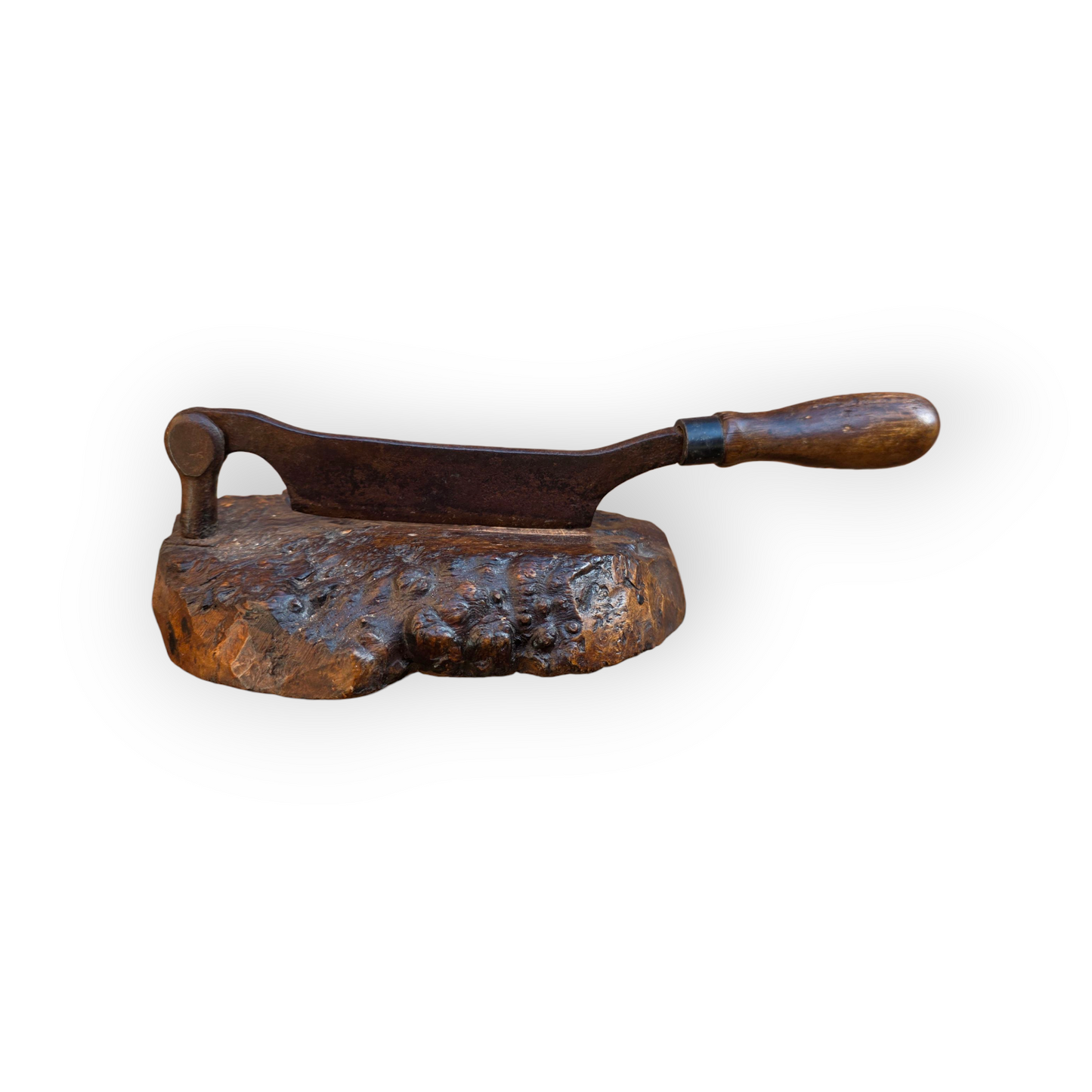 Late 18th Century Rustic Antique Herb Chopper With A Burr Wood Base