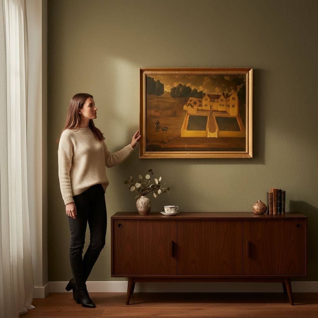 Naive 18th-Century Style Primitive Antique Painting of a Country House