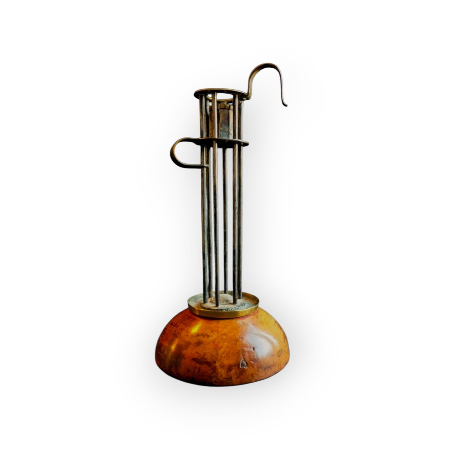 18th Century Adjustable Brass Birdcage Candleholder on Domed Pearwood Base