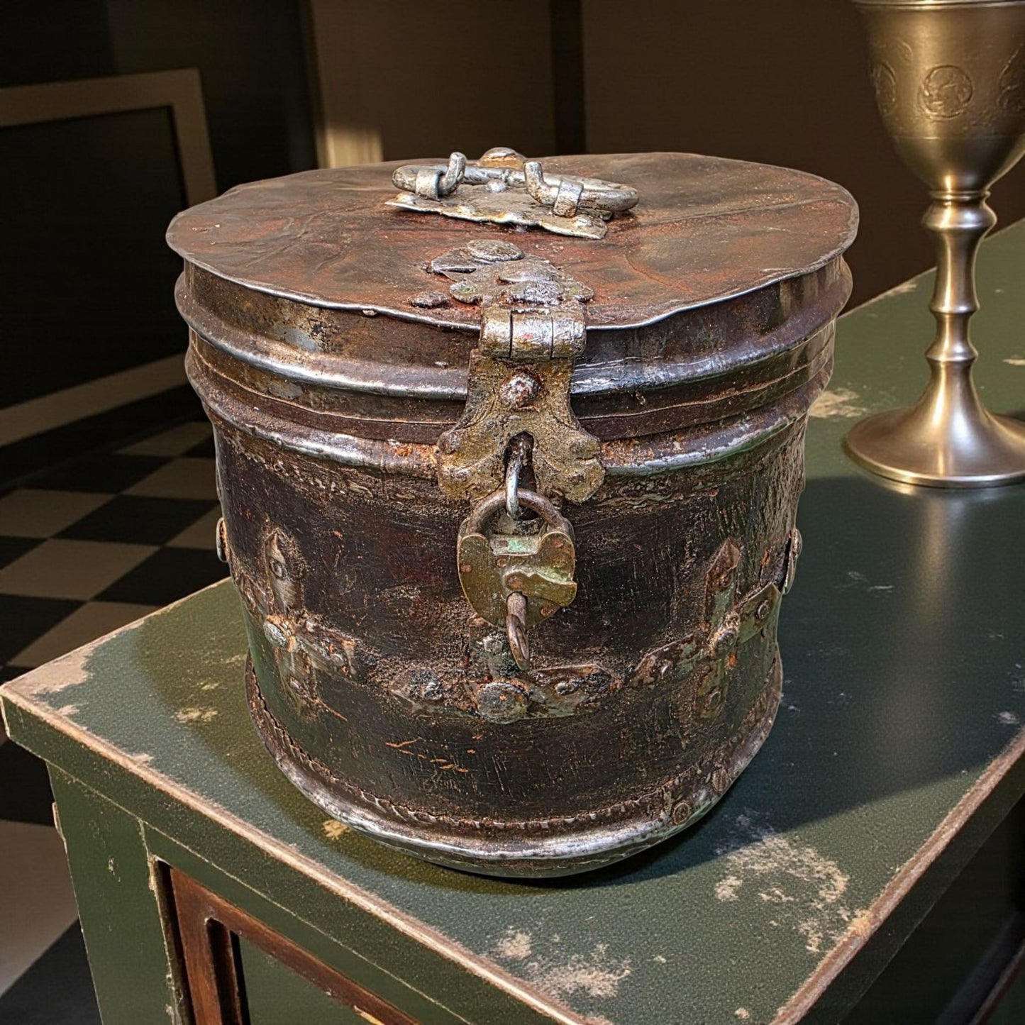 18th Century Continental Antique Alms Box of Wood and Metal Form