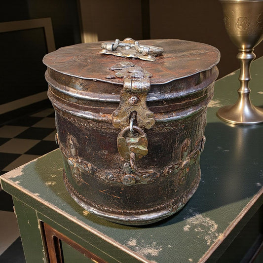18th Century Continental Antique Alms Box of Wood and Metal Form