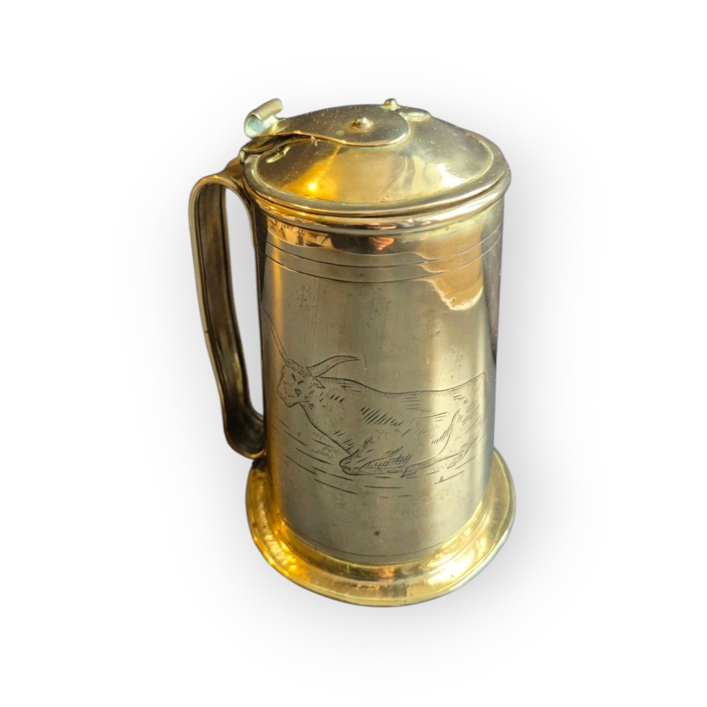 Early 19th-Century English Antique Brass Tankard Inscribed "Ye Olde Bull Tavern - Deal"