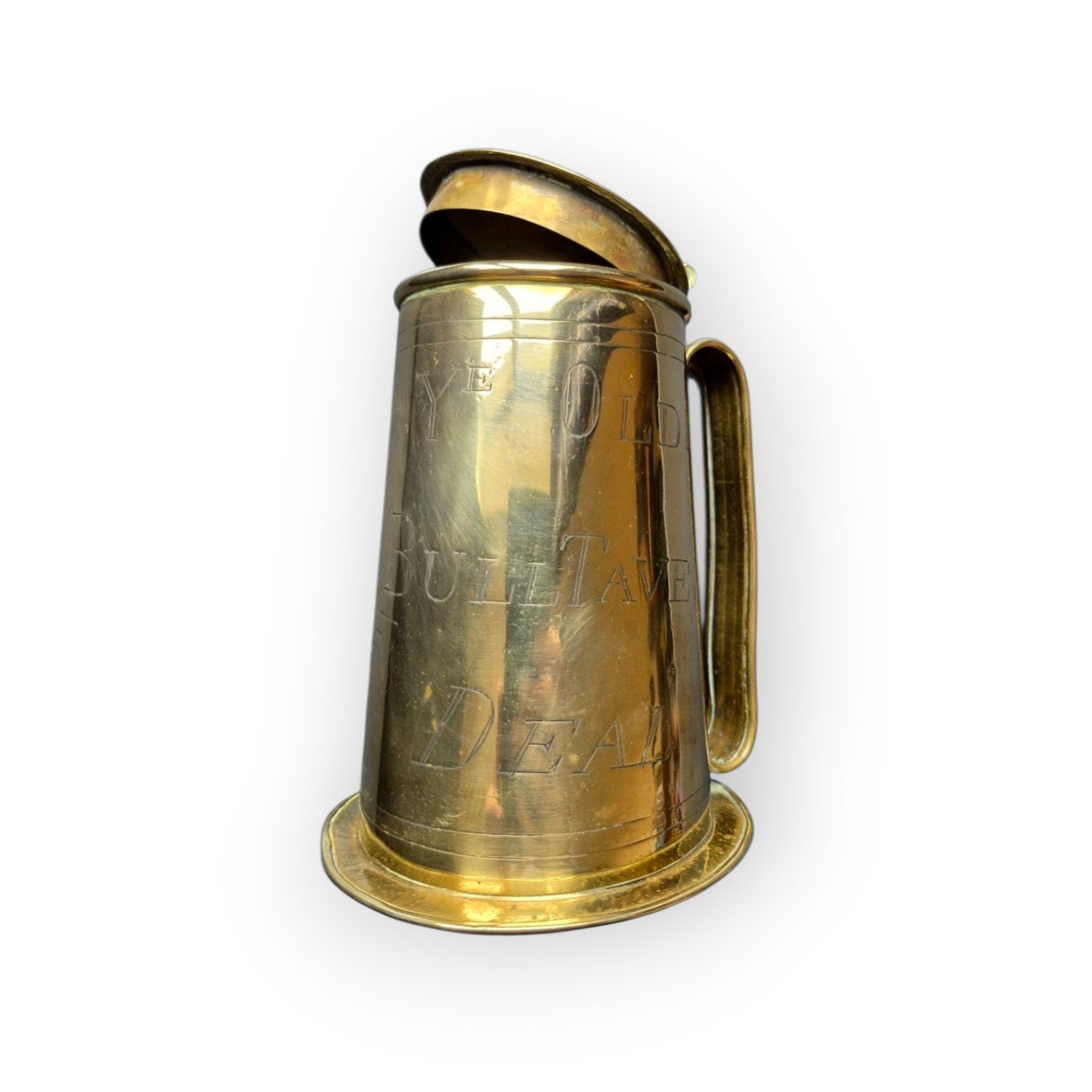 Early 19th-Century English Antique Brass Tankard Inscribed "Ye Olde Bull Tavern - Deal"