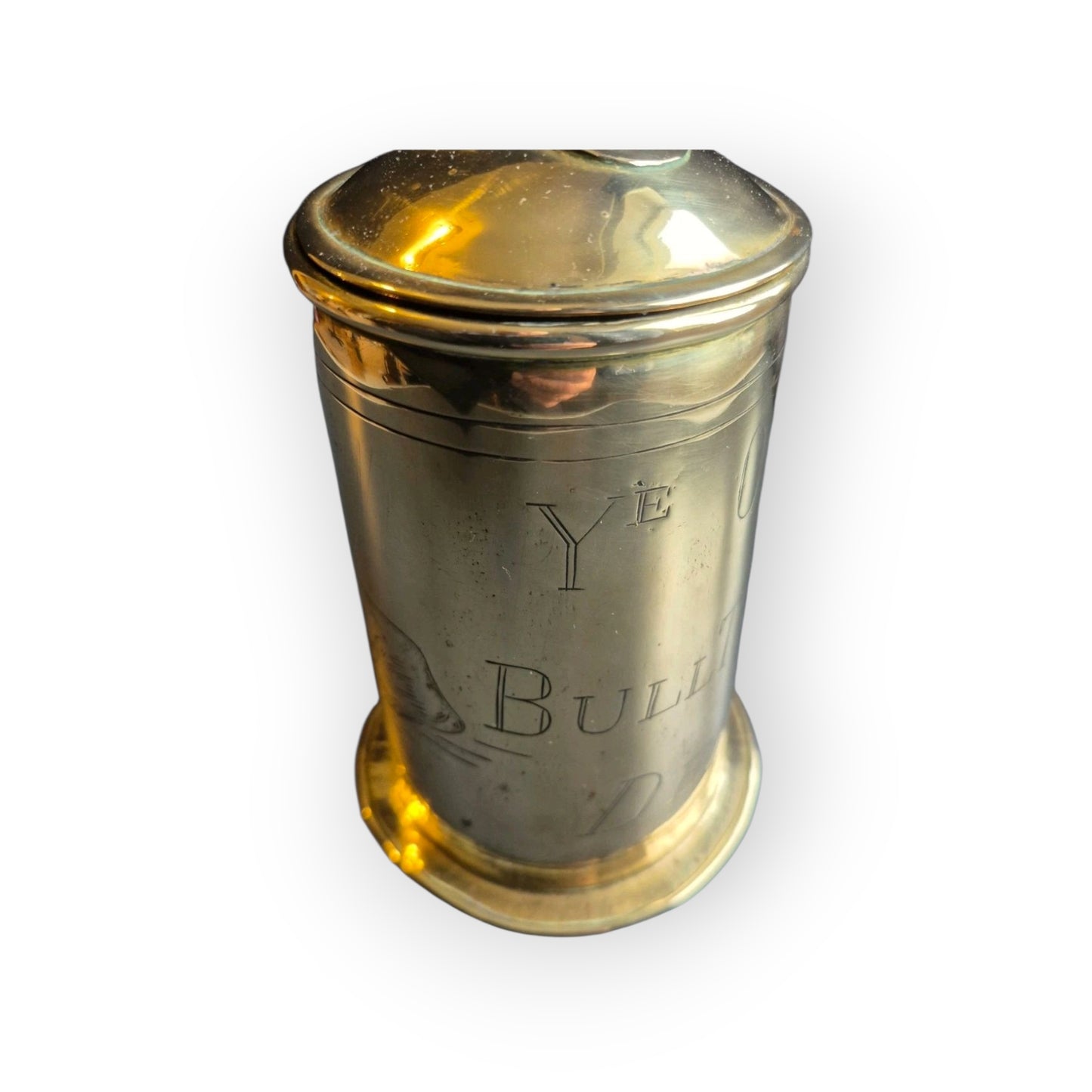Early 19th-Century English Antique Brass Tankard Inscribed "Ye Olde Bull Tavern - Deal"
