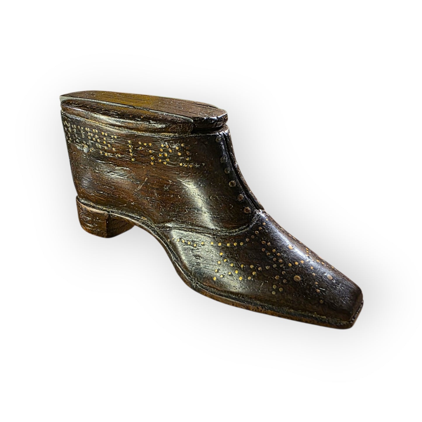 HMS Royal George - Sank 1782 - A Late 18th-Century English Antique Treen Carved Snuff Box Made From Ships Timbers in the Form of a Shoe / Snuff Shoe