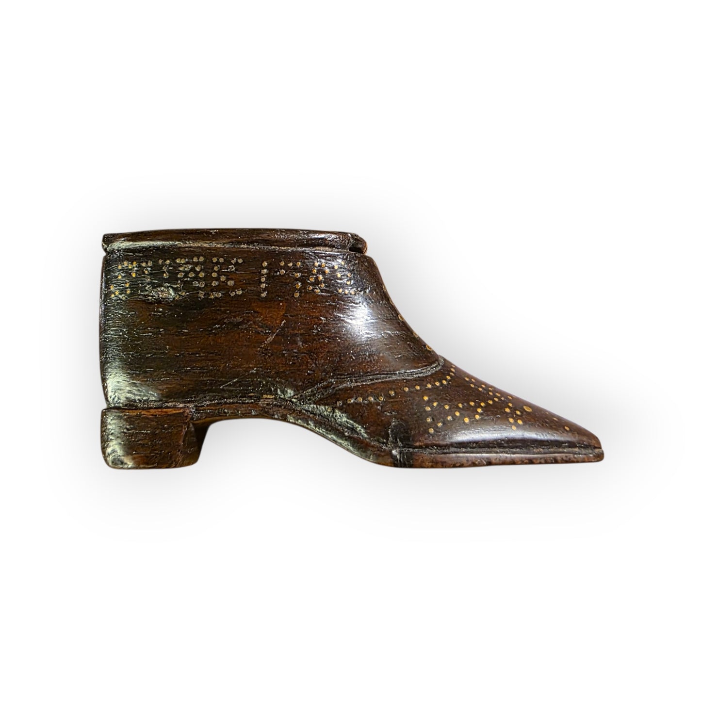HMS Royal George - Sank 1782 - A Late 18th-Century English Antique Treen Carved Snuff Box Made From Ships Timbers in the Form of a Shoe / Snuff Shoe