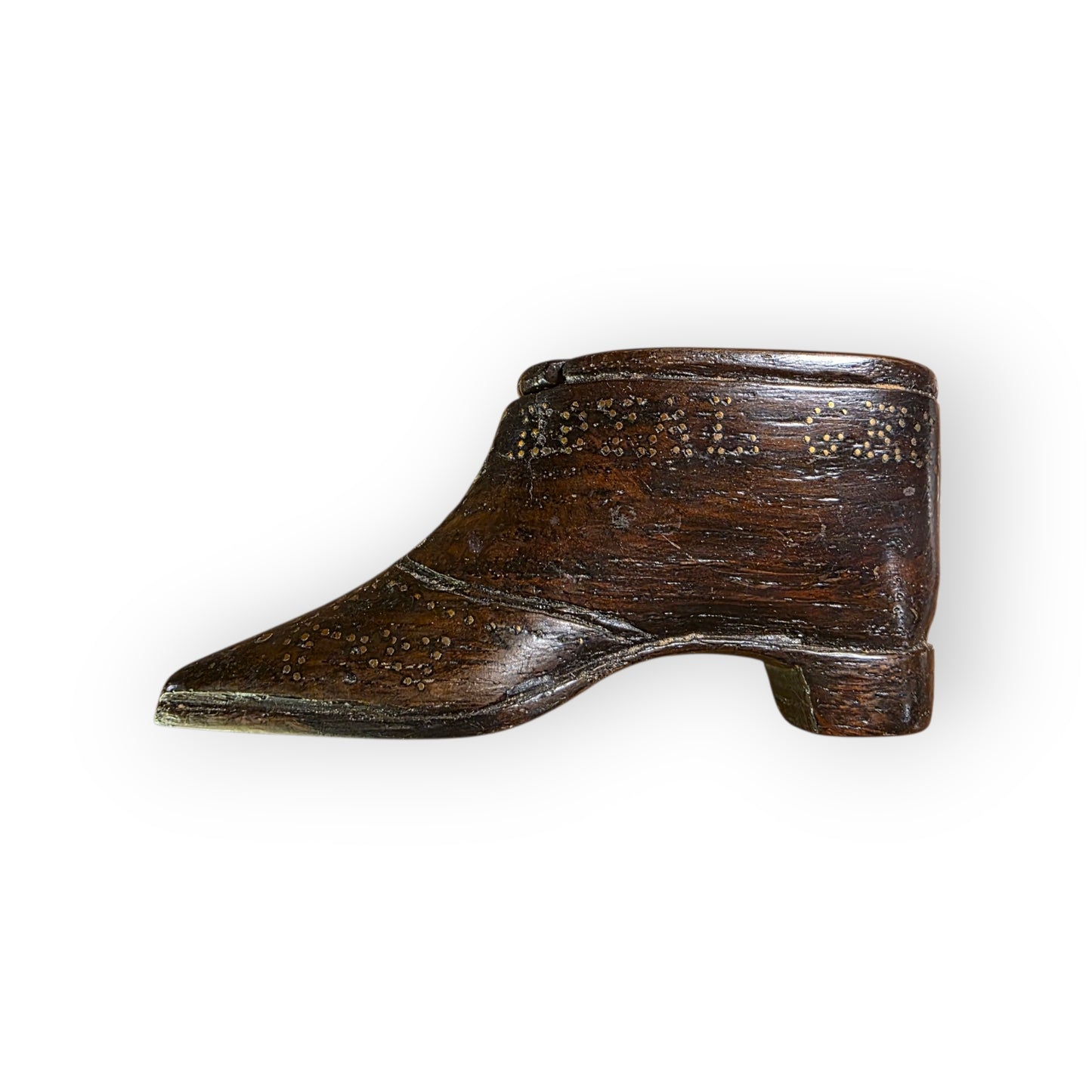 HMS Royal George - Sank 1782 - A Late 18th-Century English Antique Treen Carved Snuff Box Made From Ships Timbers in the Form of a Shoe / Snuff Shoe